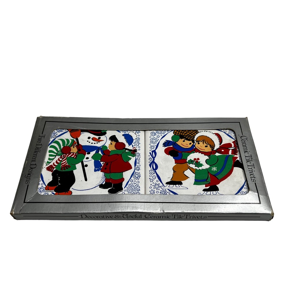 Vtg Jasco Christmas Snowman Ice Skating Ceramic Tile Trivet Set 1980s 2pc